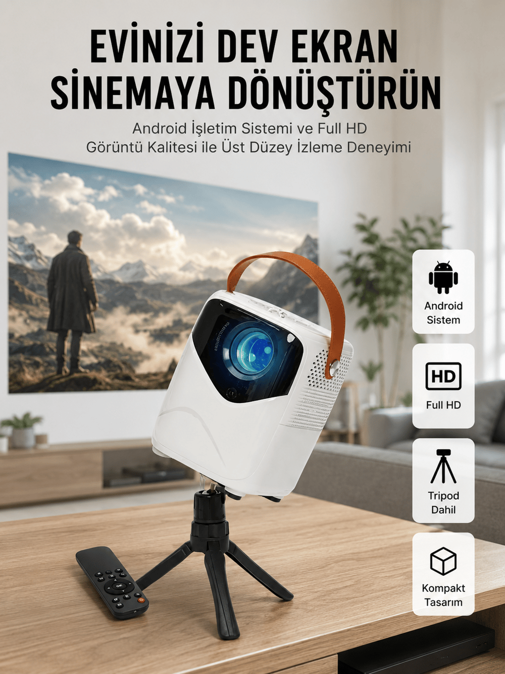 HD Ayaklı Portatif Projeksiyon Cihazı Bluetooth Wifi Akıllı Android İşlemcili
