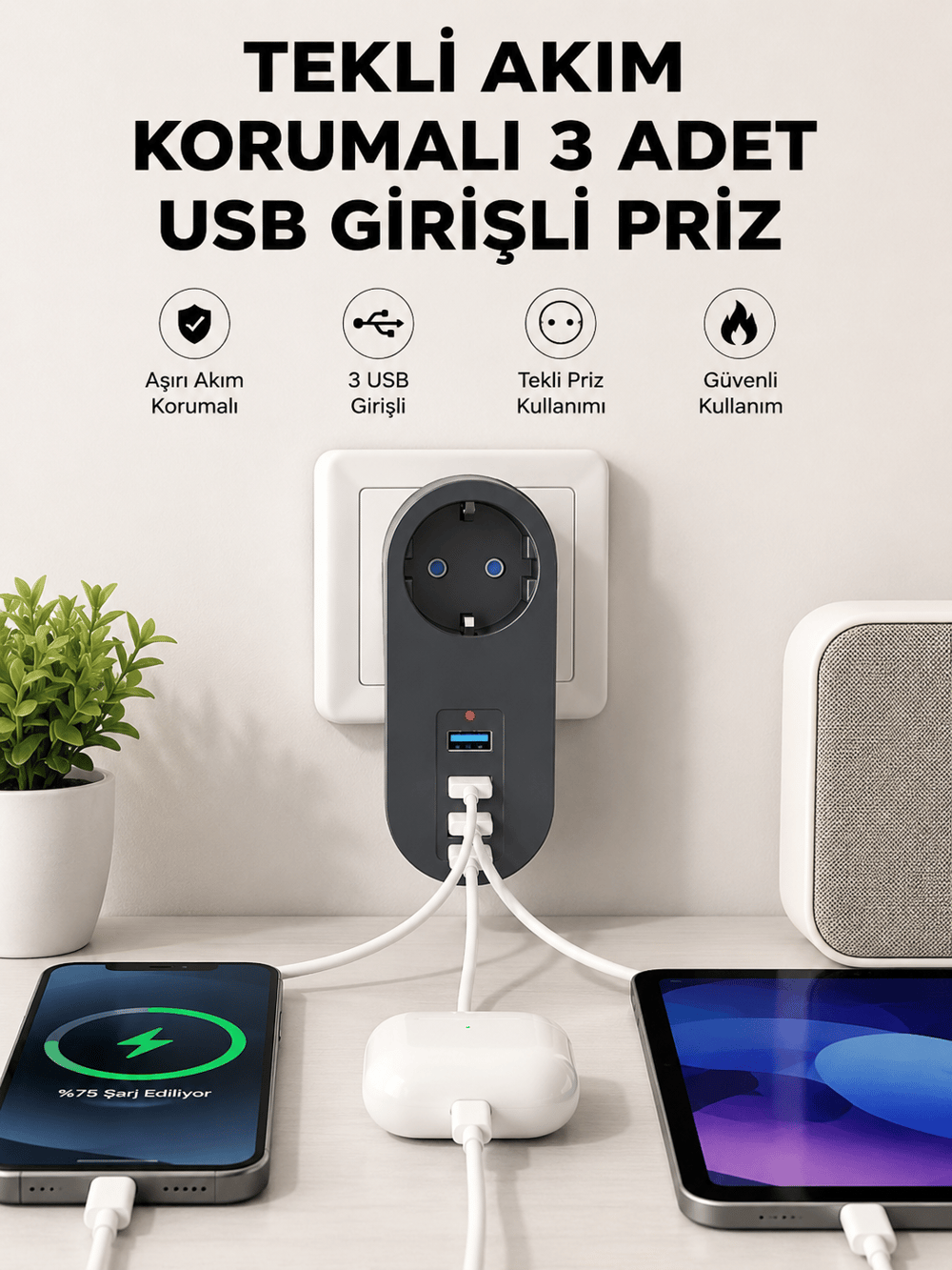 Isıya Dayanıklı 3 USB Portlu Güvenlikli Priz – Akıllı Enerji Yönetimi