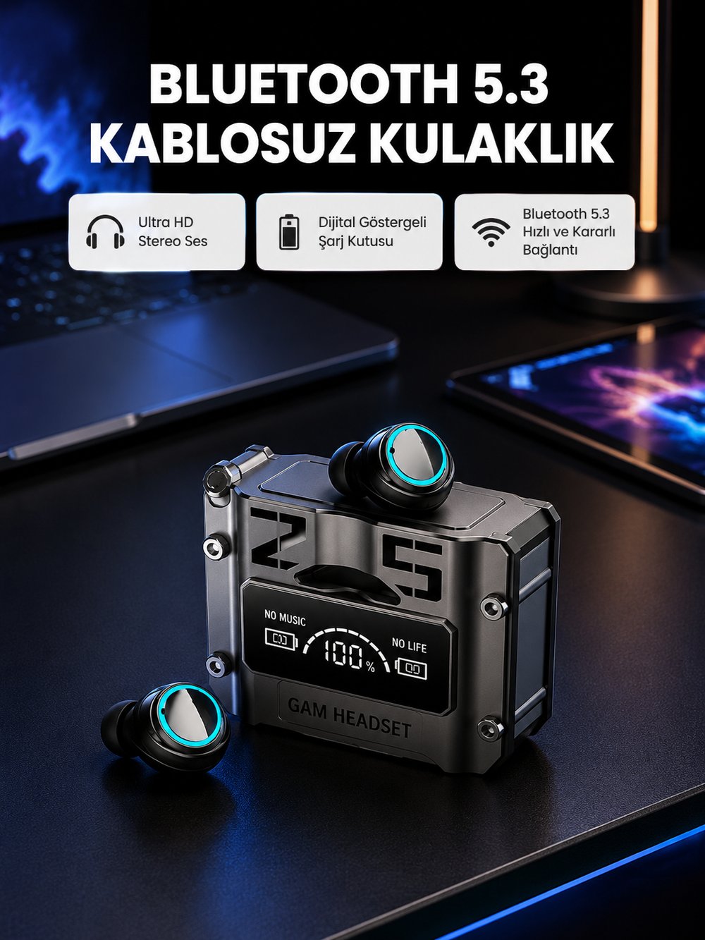 Kablosuz Bluetooth 5.3 Kulaklık – Aktif Gürültü Engelleme ve Gecikmesiz Oyun Modu