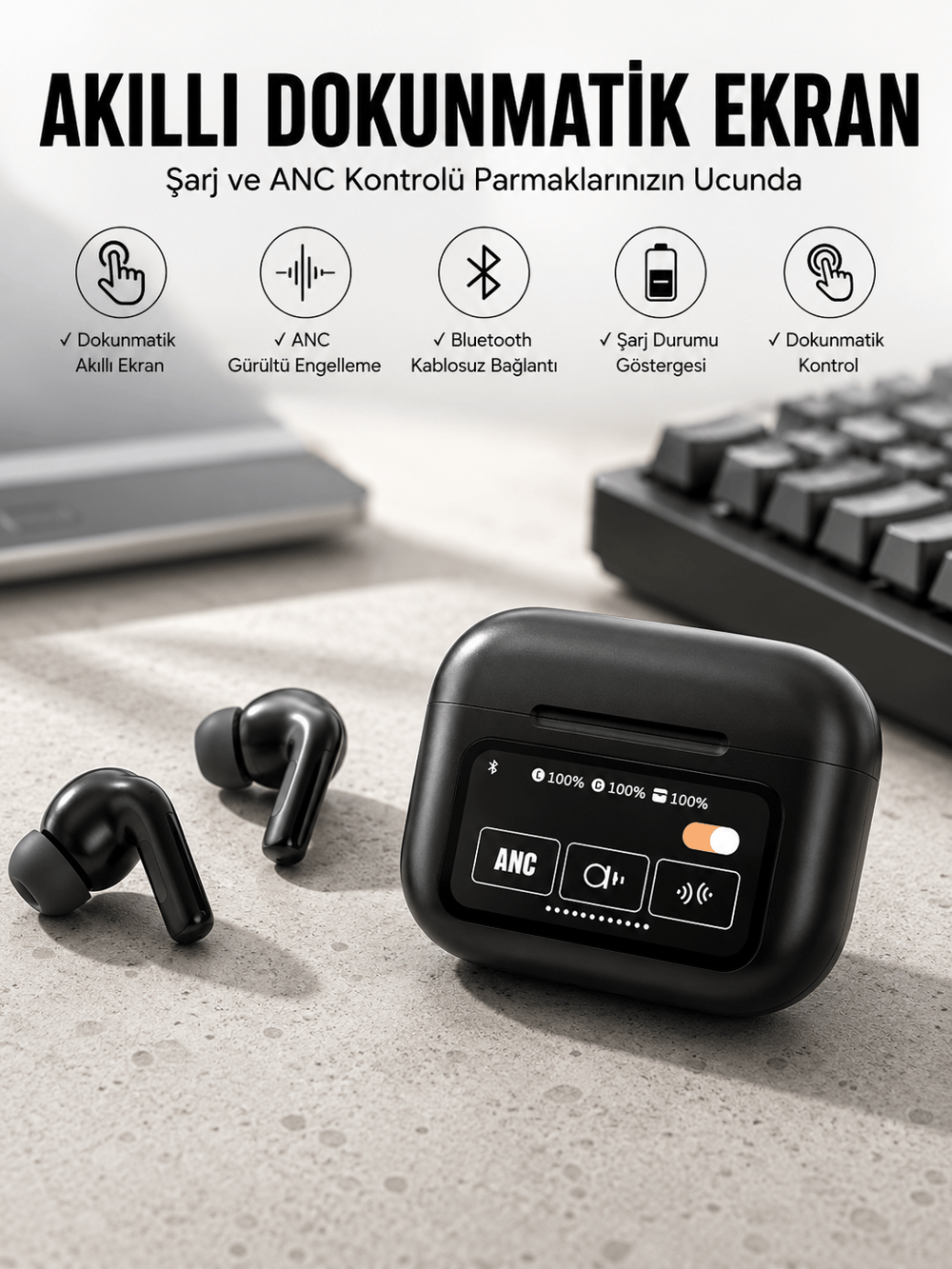 Kablosuz Bluetooth Kulaklık Ekranlı Uzun Şarj Süreli ANC Destekli