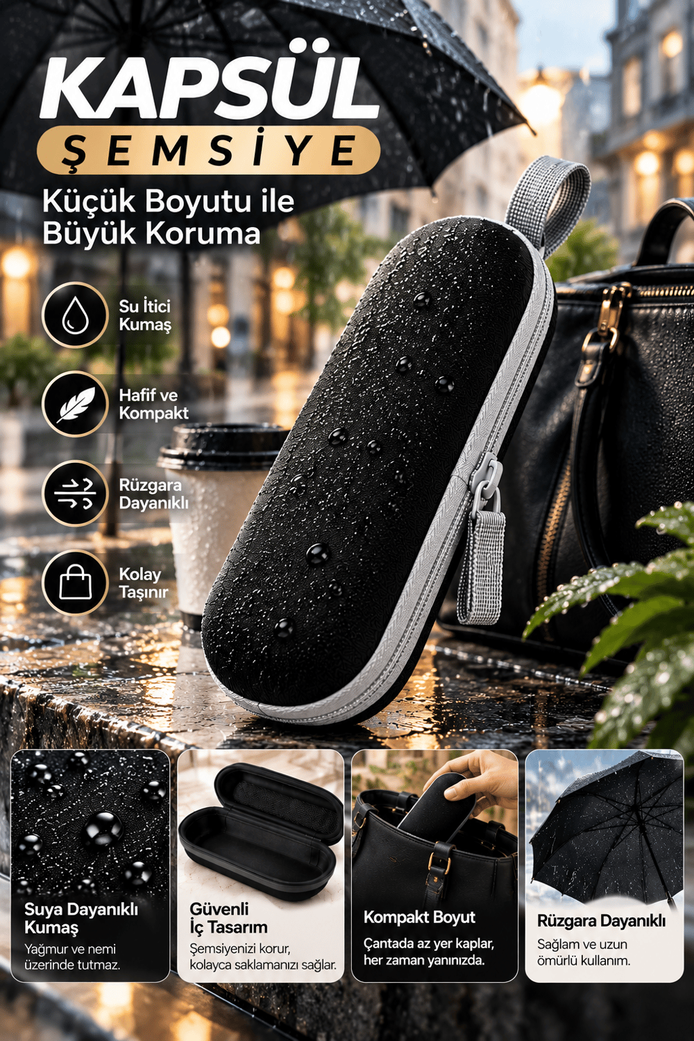 Kapsül Şemsiye Siyah Renk Katlanabilir Kompakt Yapı Yağmurlu Havalarda Kolay Kullanım