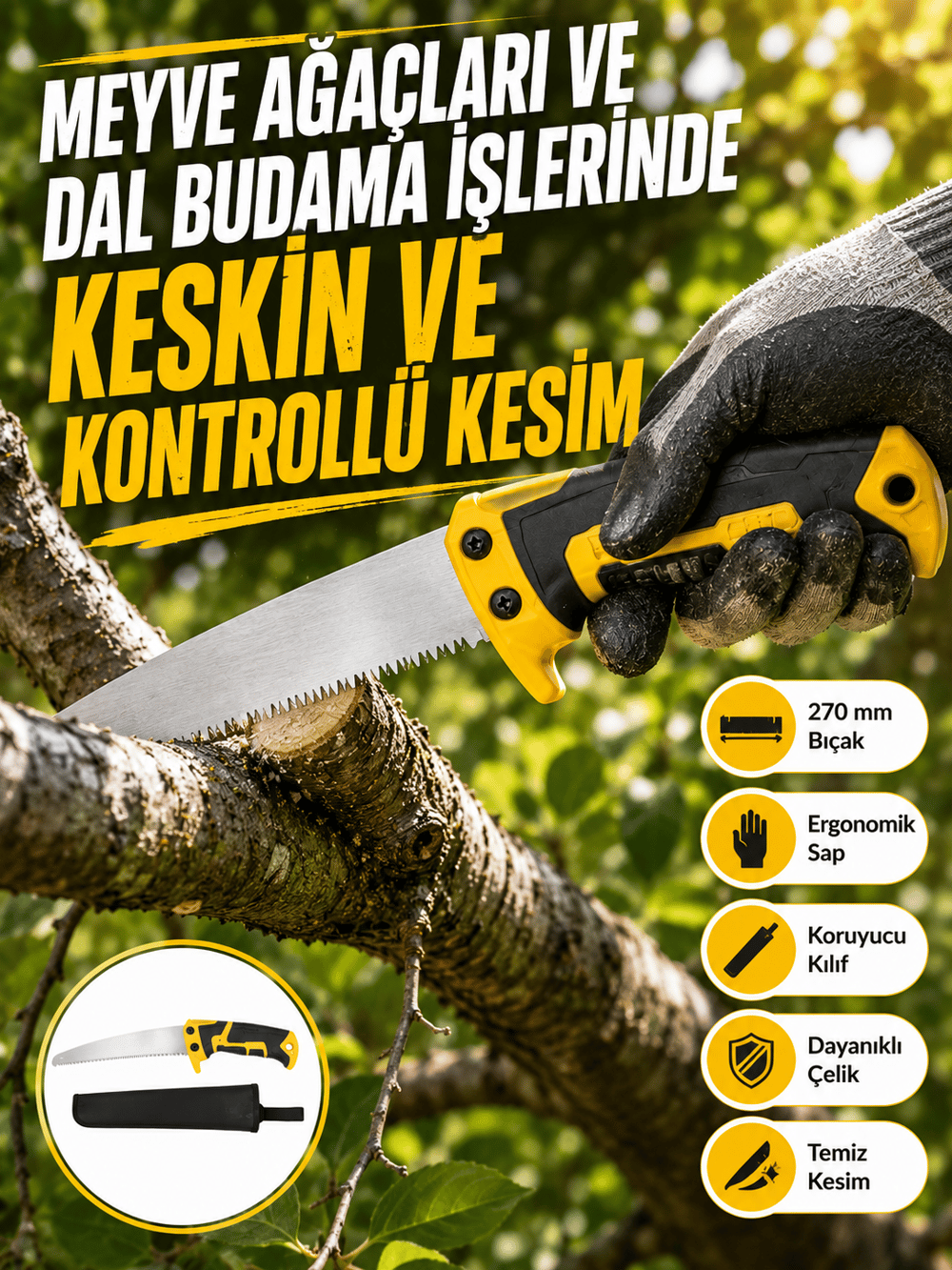 Kılıflı Budama Bahçe Testeresi 270 mm Düz Bıçaklı