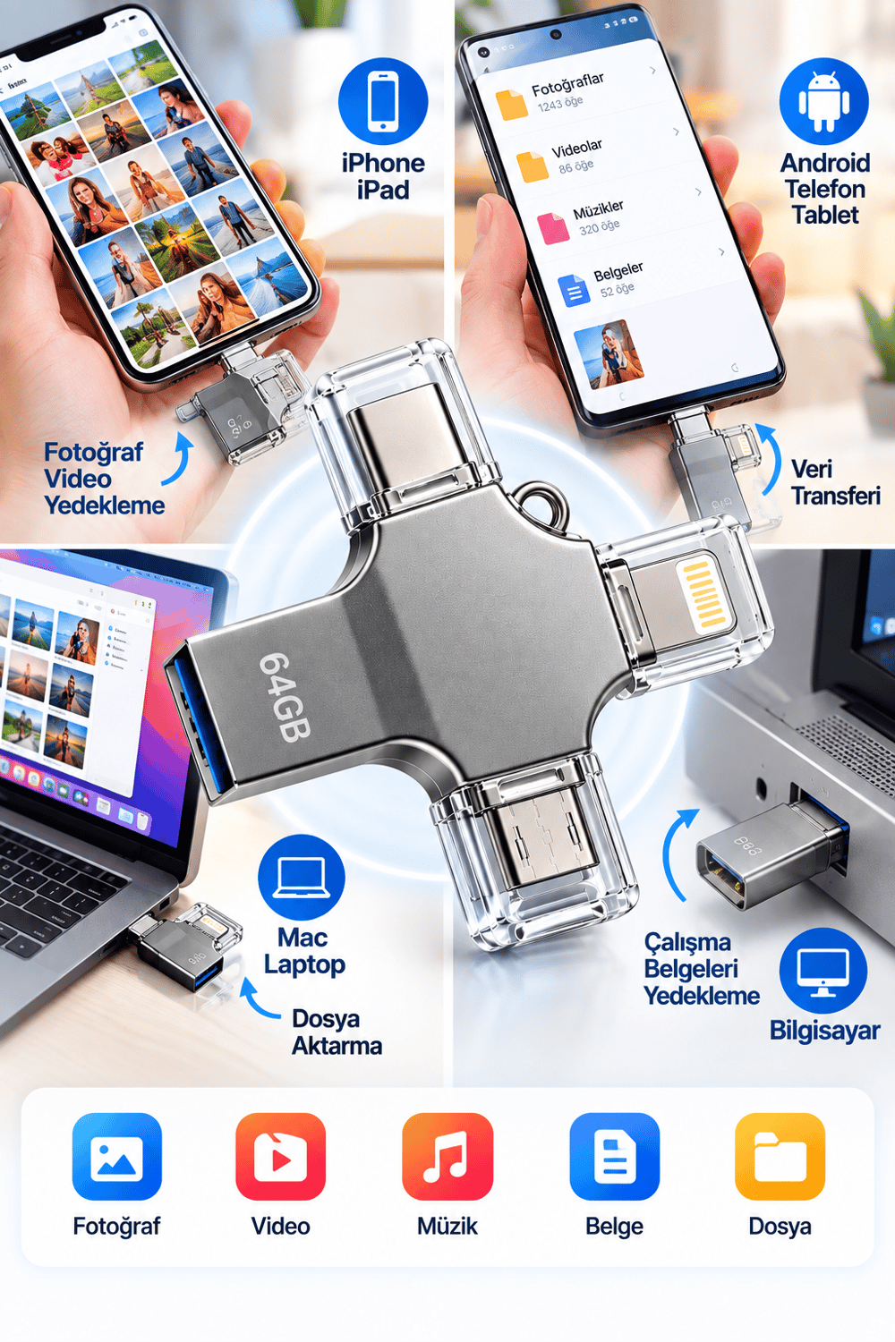 Kompakt ve Taşınabilir Tasarıma Sahip 64GB Lightning Type C USB MicroUSB Çoklu Kullanımlı Flash Bellek