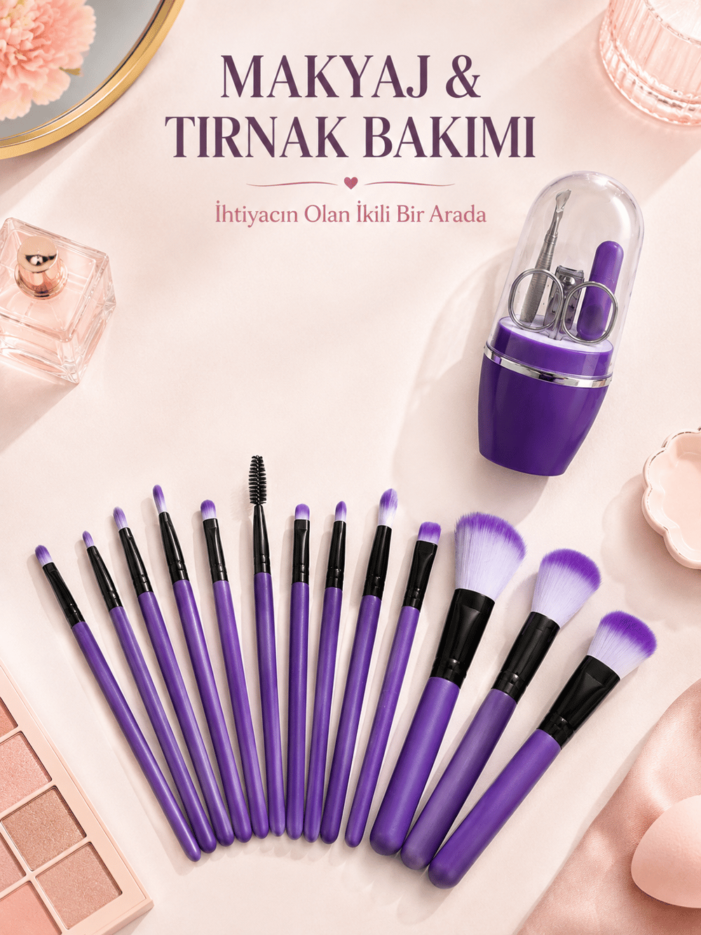 Makyaj ve Tırnak Bakım Seti 12’li Mor Makyaj Fırçaları Manikür Pedikür Seti Günlük Kişisel Bakım Paketi