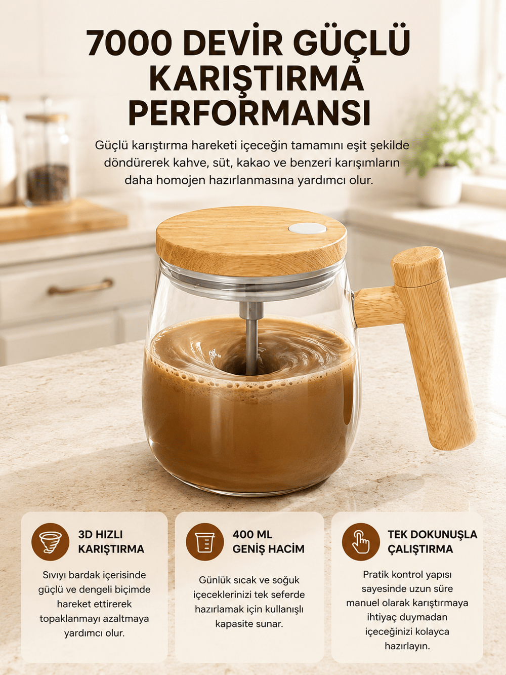 Manyetik Karıştırıcı Kupa – 400 ml, C Tipi Şarjlı, Akıllı Tasarım Yeni Nesil