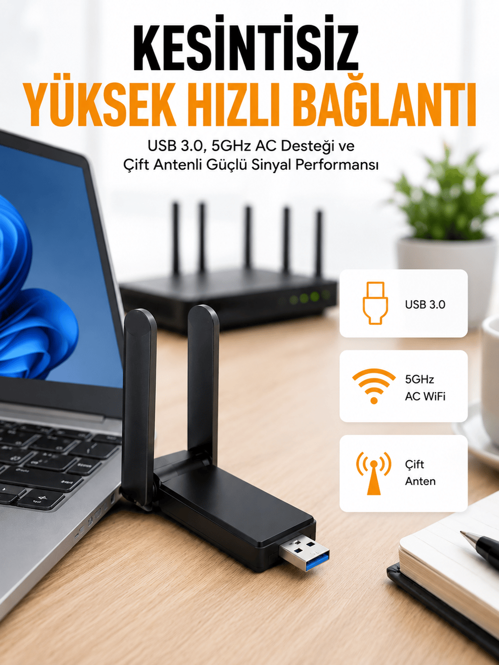 Mbps Wifi Alıcı Kablosuz Wifi Adaptörü Çift Band Çift Antenli Yeni Nesil