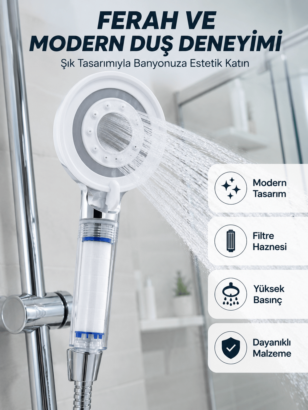 Mineral Taşlı Filtreli Duş Başlığı Güçlü Su Basınçlı Banyo Başlığı