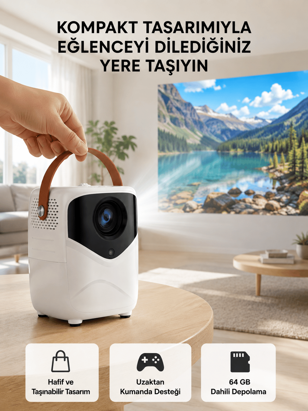 Mini Akıllı Projektör – 1080P Full HD, 64GB Depolama, 2GB RAM, Uzaktan Kumanda Destekli Yeni Nesil