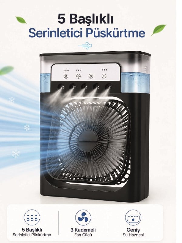 Modern Püskürtmeli Masaüstü Fan  Geniş Su Haznesi, 5 Sis Çıkışı, 3 Kademe Fan Gücü