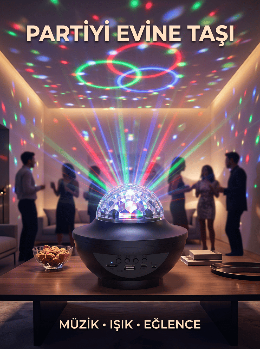 Müzikli RGB Disko Lambası Bluetooth Hoparlörlü Renkli Parti Işığı USB TF Kart Girişli