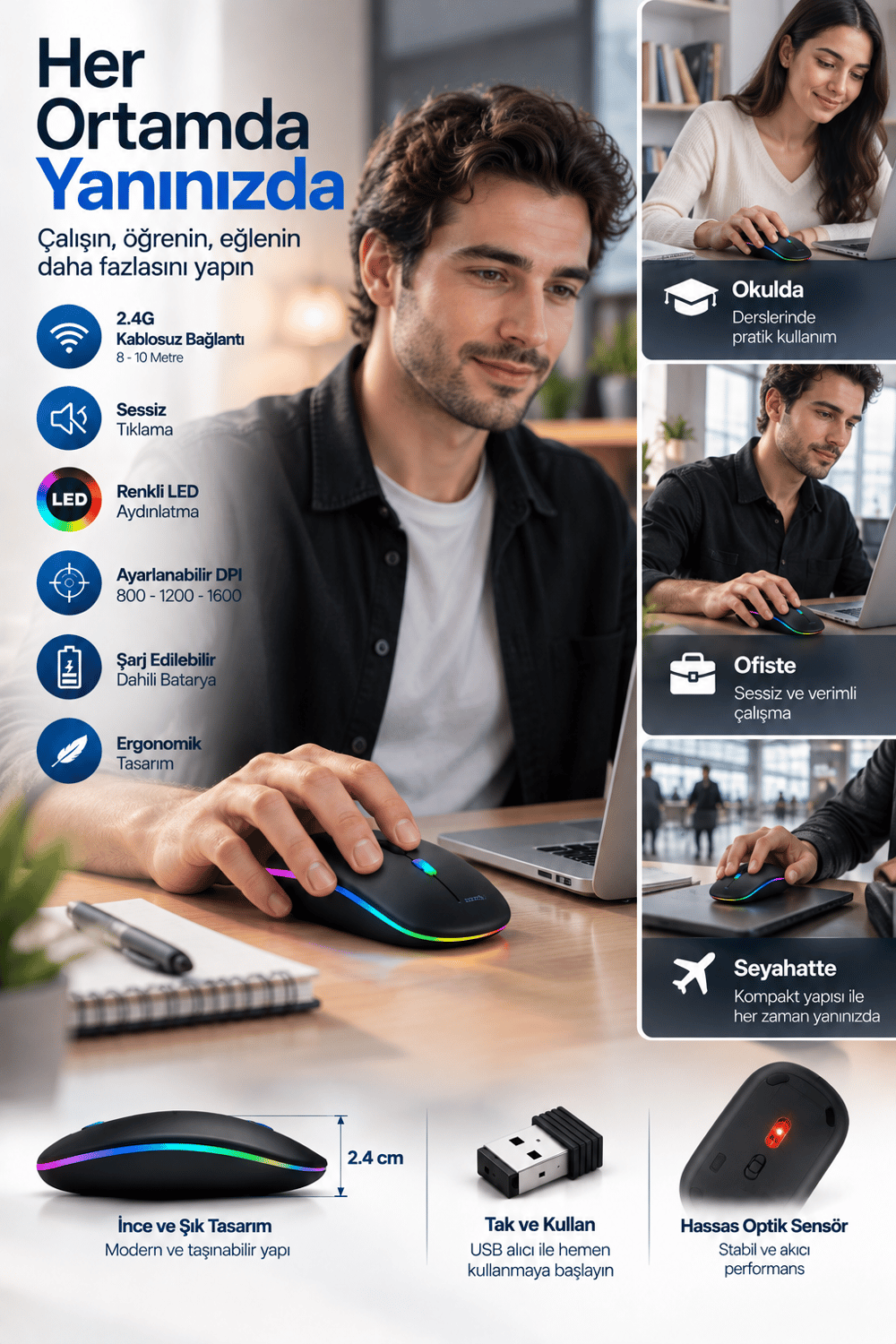 Ofis Ev Okul Kullanımına Uygun Şarjlı Kablosuz Mouse