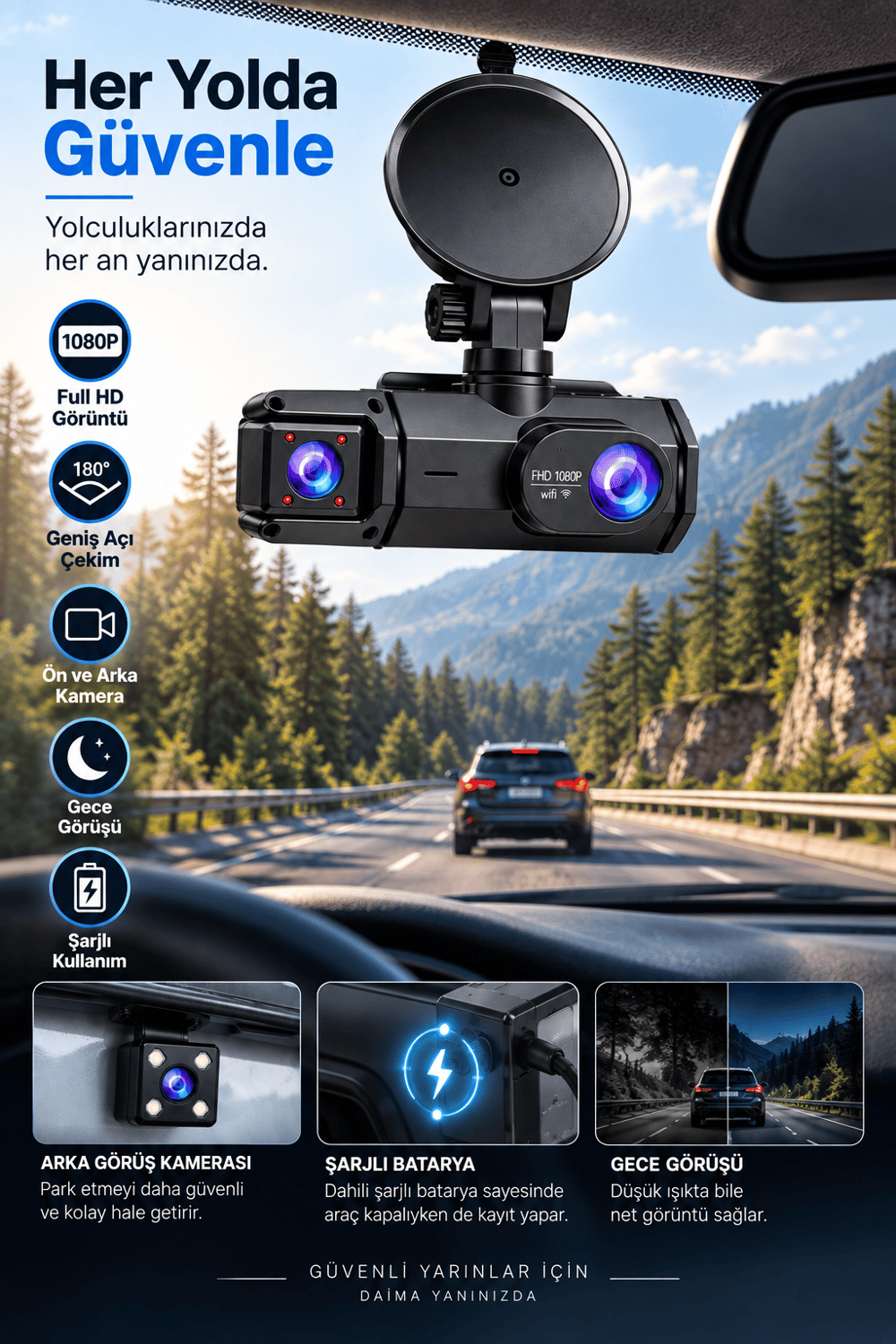 Ön Arka Kayıt 1080P Full HD 180° Geniş Açı Şarjlı Kullanım