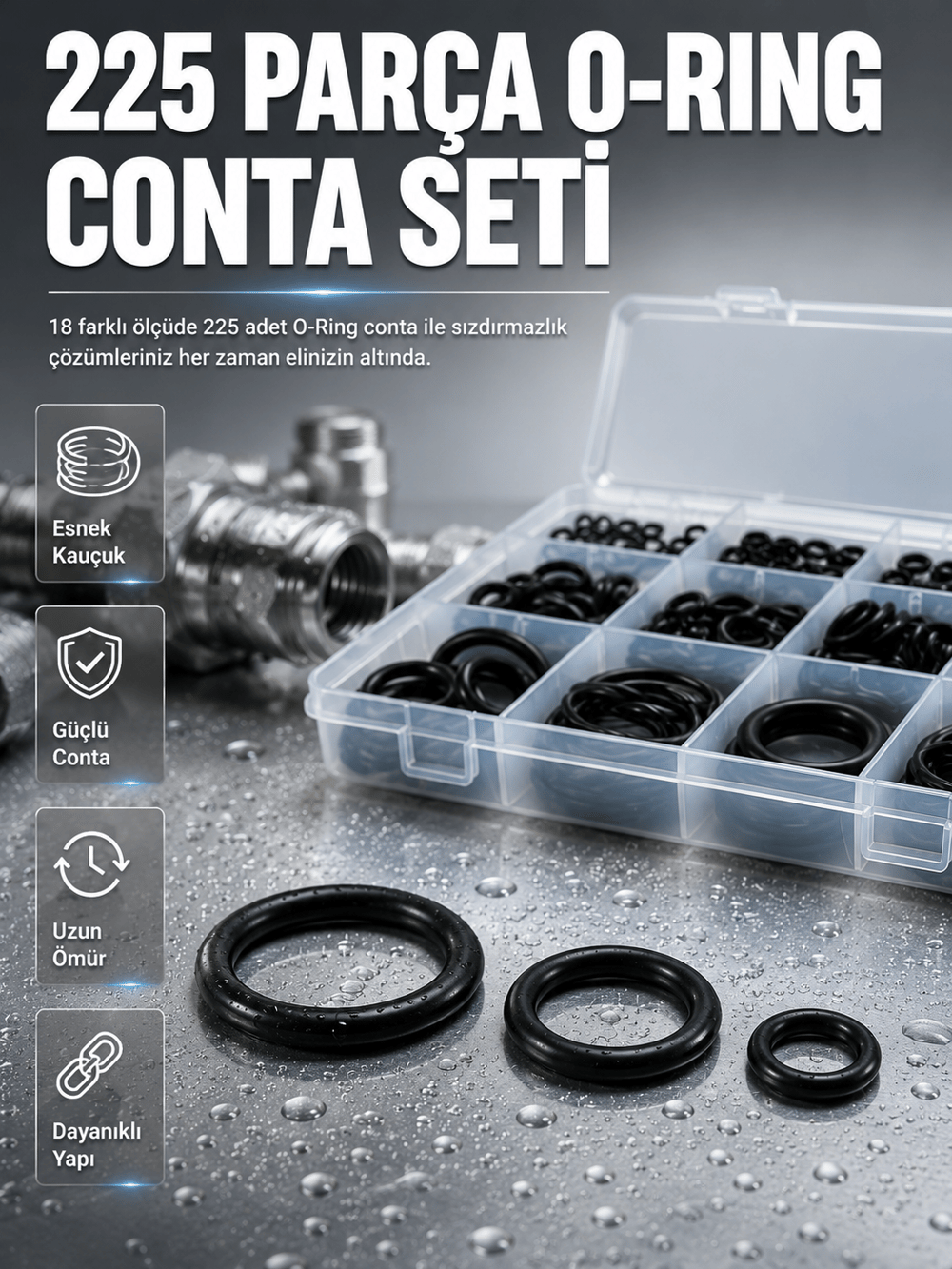 Organizer Kutulu O-Ring Conta Seti 225 Parça | Dayanıklı Kauçuk Sızdırmazlık Contaları