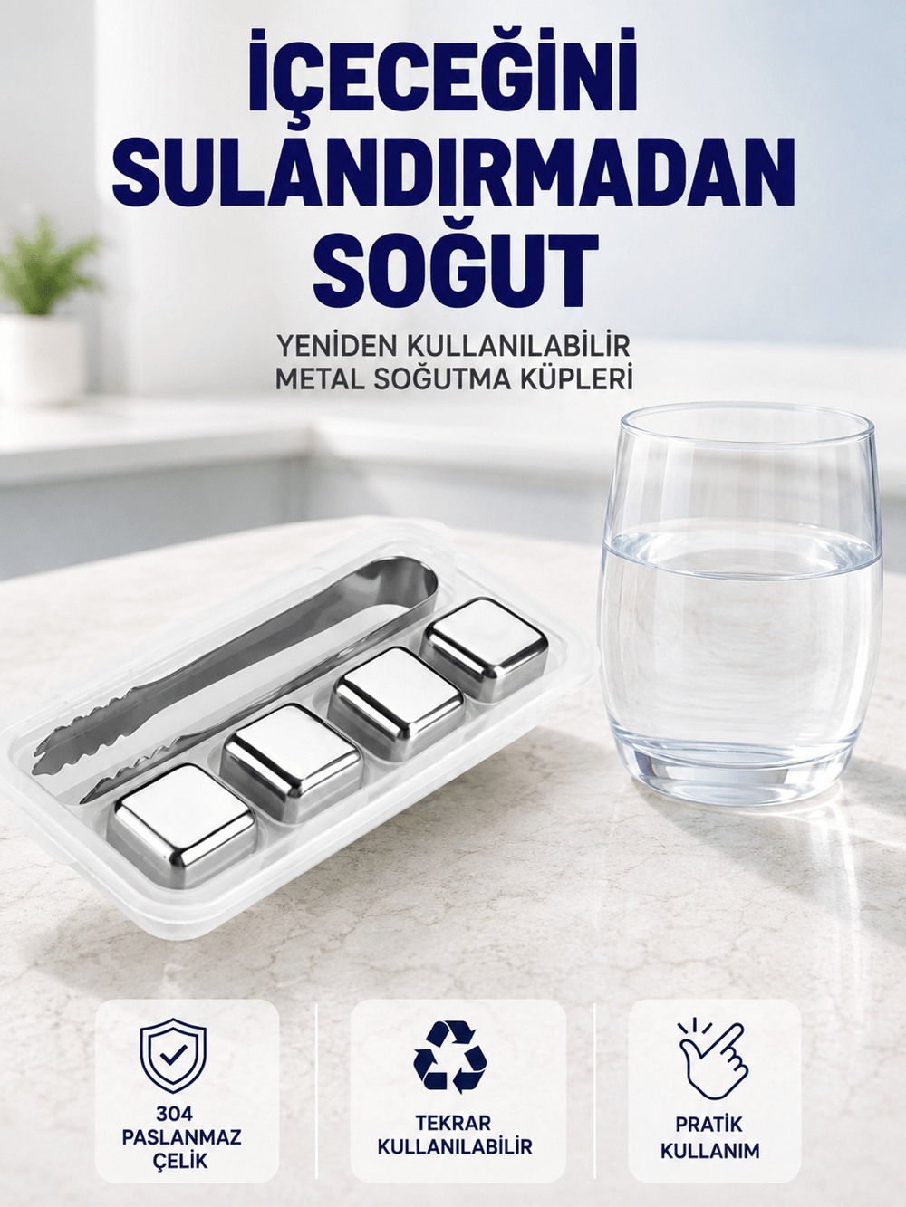 Paslanmaz Çelikten Üretilmiş Metal Buz Küpü Seti ve Buz Klipsi