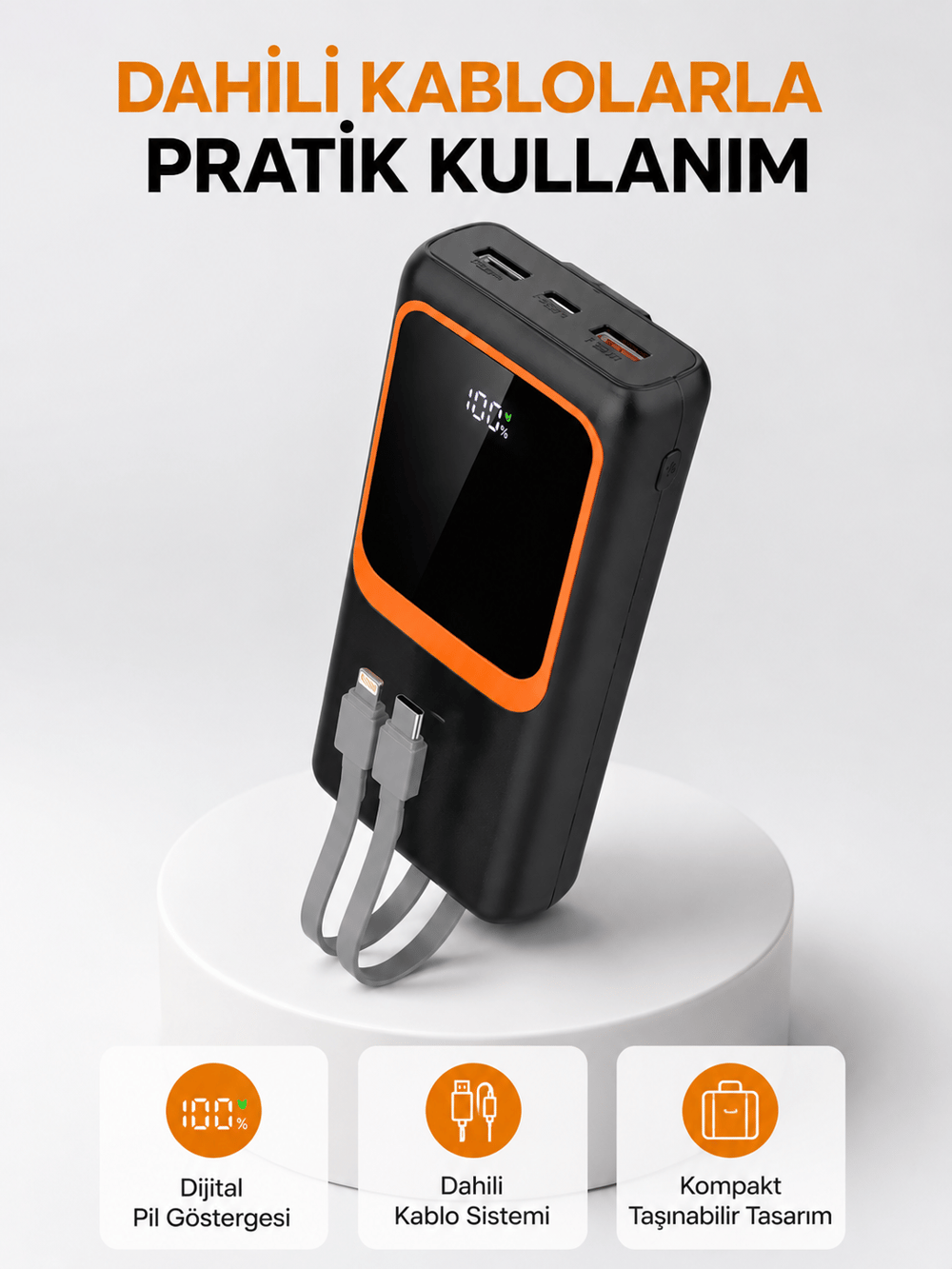Powerbank 20000 mAh Dijital Ekranlı ve Çok Kablolu Hızlı Şarj Cihazı