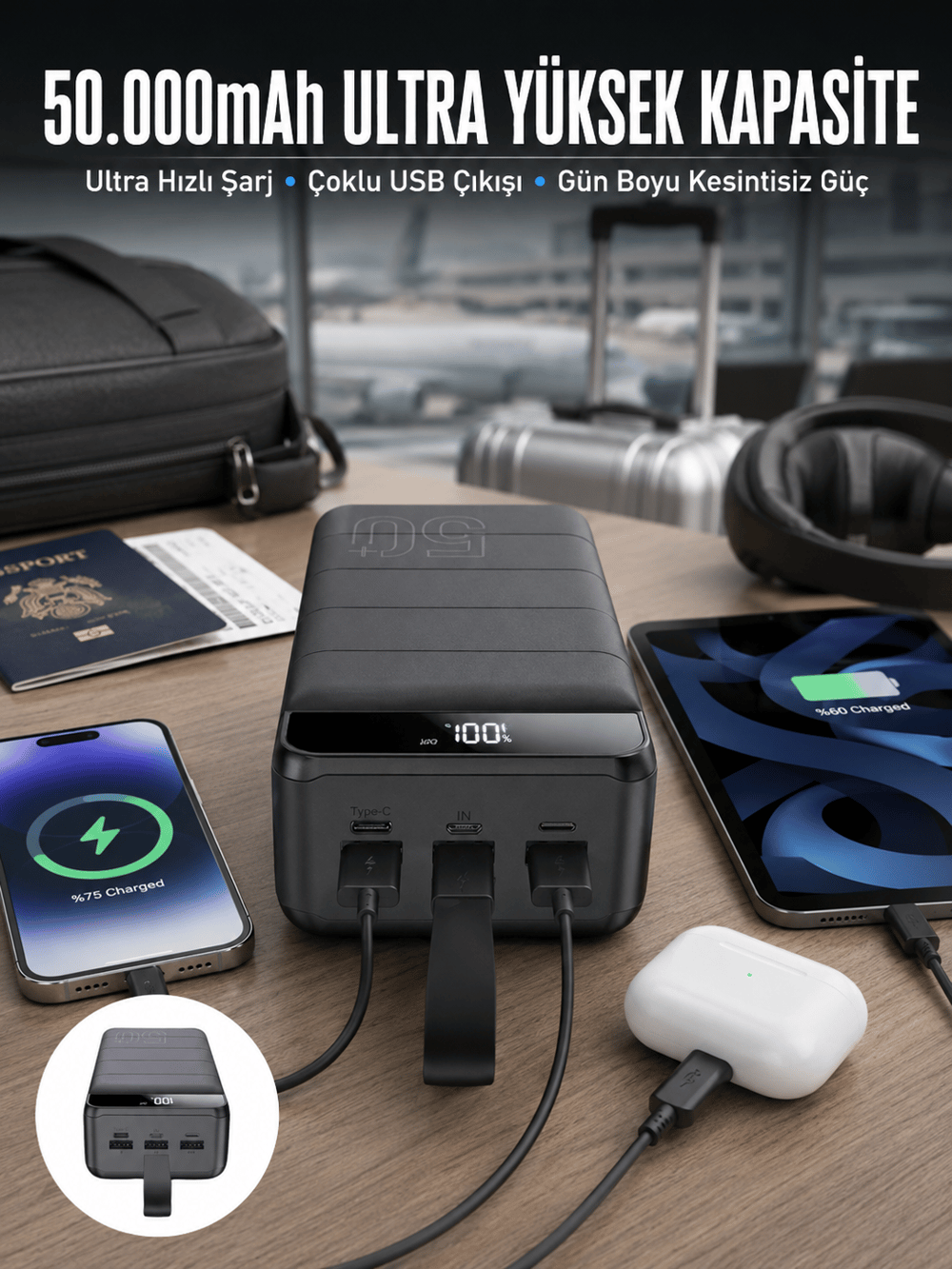 Powerbank Çoklu Şarj Girişi 50.000 Mah Taşınabilir Dijital Göstergeli (Kopya)