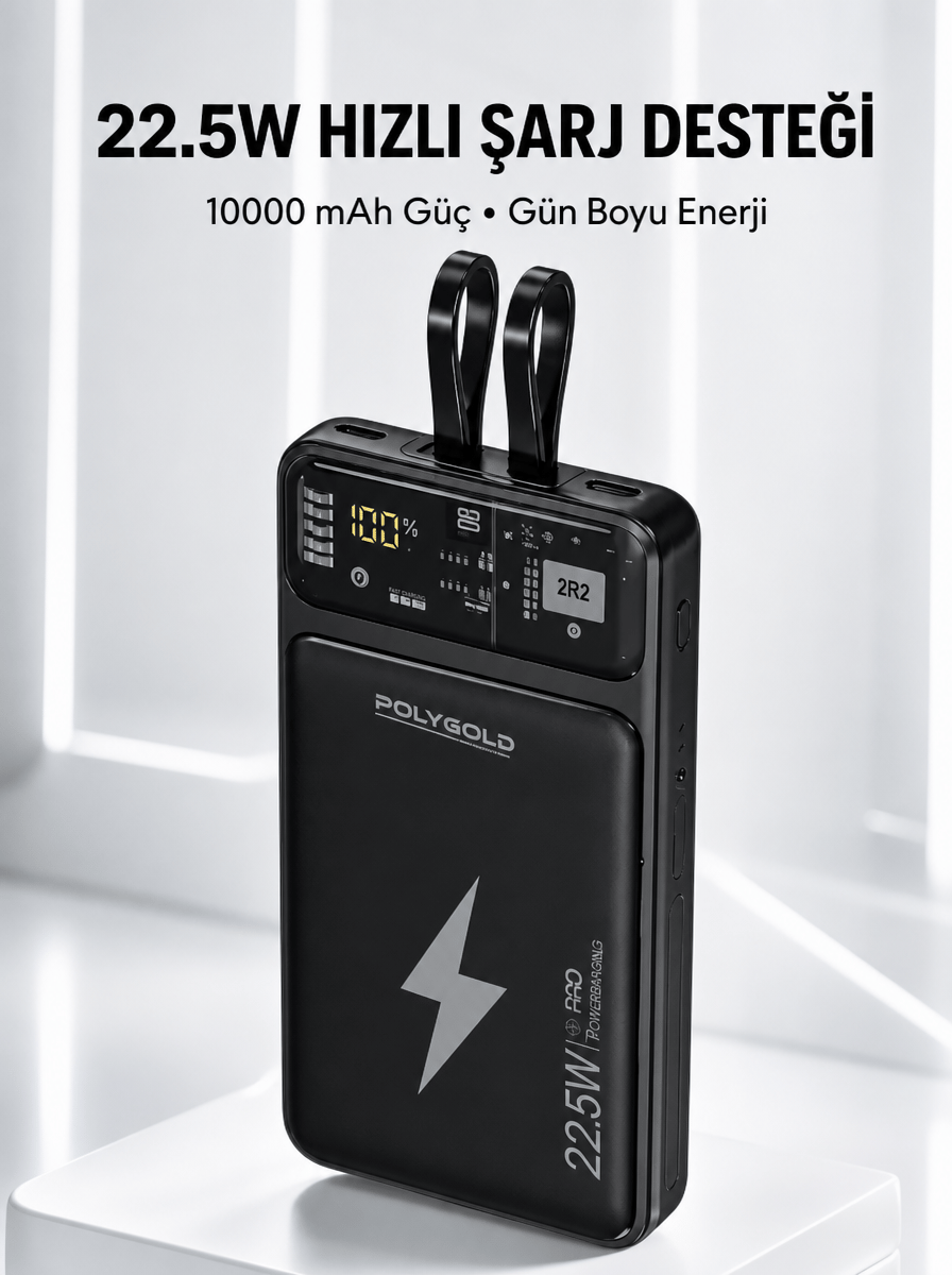 Powerbank Hızlı Şarj 10000 mAh Dahili Kablo Yeni Nesil