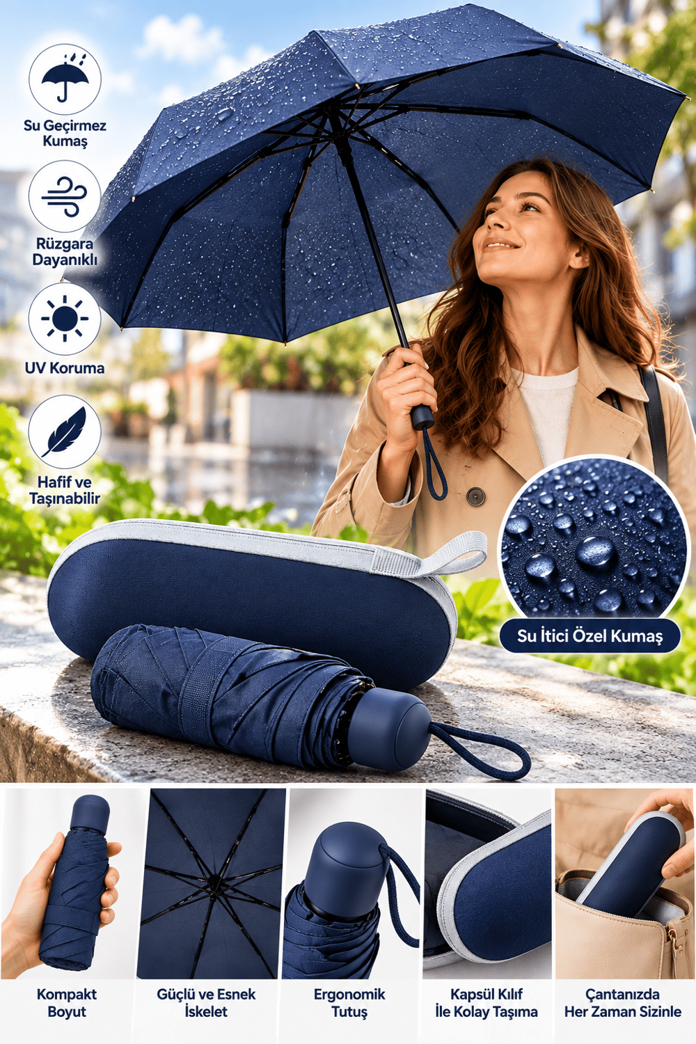 Pratik Taşınabilir Lacivert Kapsül Şemsiye Su İtici Kumaş Ergonomik Kullanım