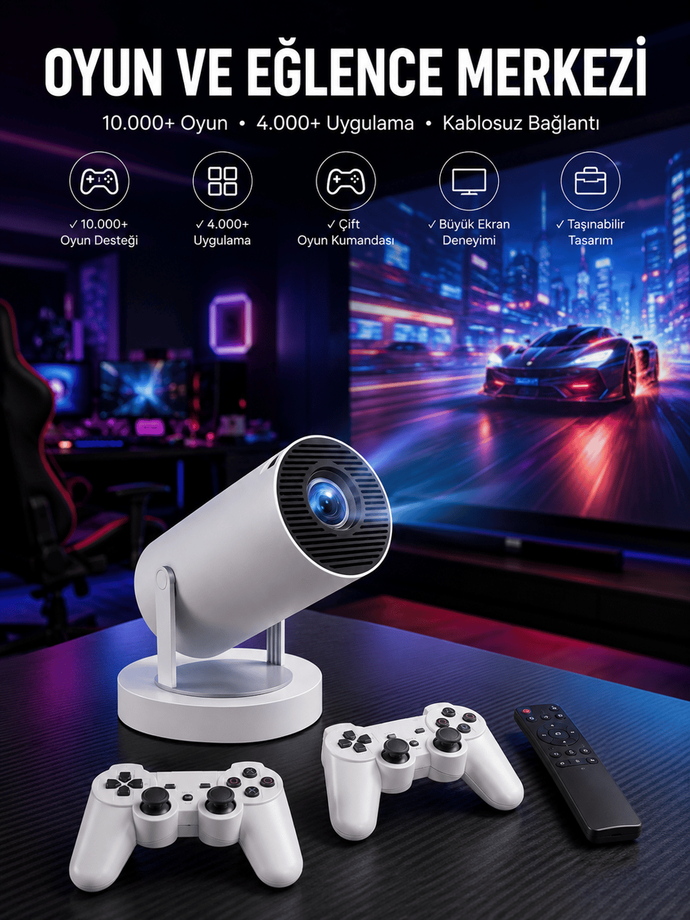 Projeksiyon Cihazı Video Oyun Konsolu Projektör Taşınabilir Ayaklı Çift Kollu 4K Çözünürlüklü