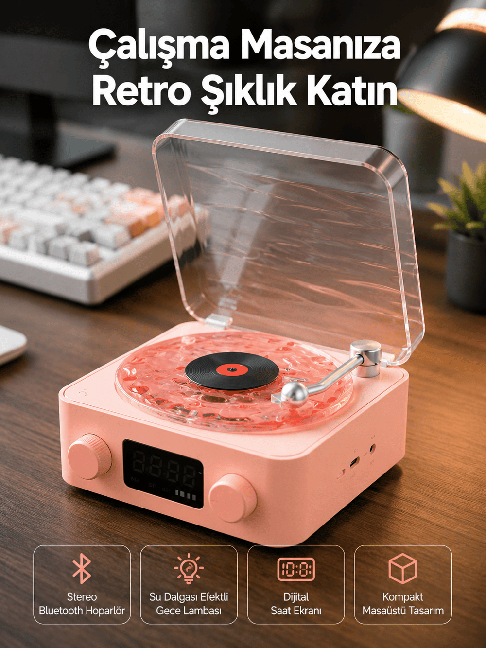 Retro Bluetooth Hoparlör – Kristal Ses, Gece Lambası, Saatli Tasarım Yeni Nesil