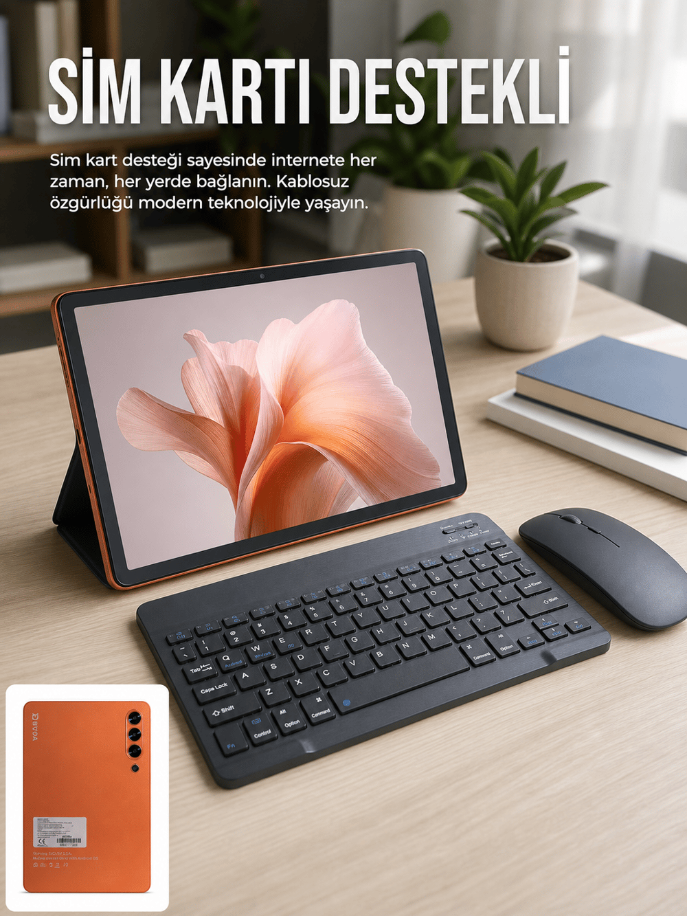 SIM Kart Destekli Android Tablet Bluetooth Klavye ve Kablosuz Mouse Seti Geniş Ekran Taşınabilir Tasarım