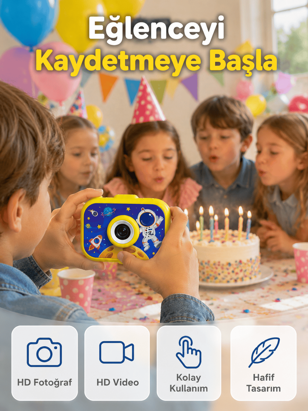 Şarjlı Çocuk Dijital Kamera Ön Arka Kamera Destekli HD Fotoğraf Video Çekimi Mini Tripodlu