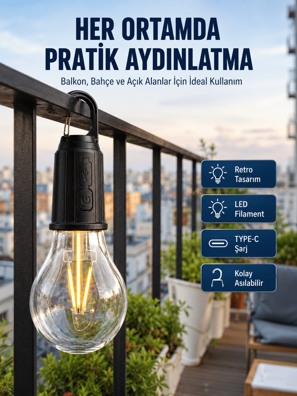 Şarjlı Dekoratif Kamp Lambası Askılı Ampul Led Işık Type-C Girişli