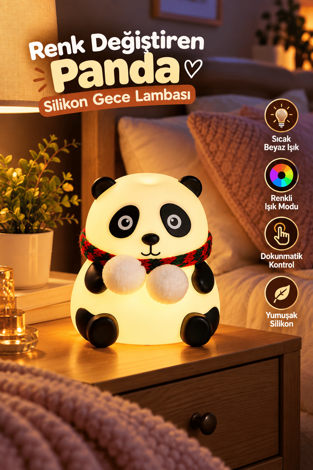 Sevimli Panda Silikon Gece Lambası Renkli Işık Modu Dokunmatik Kontrollü Aydınlatma