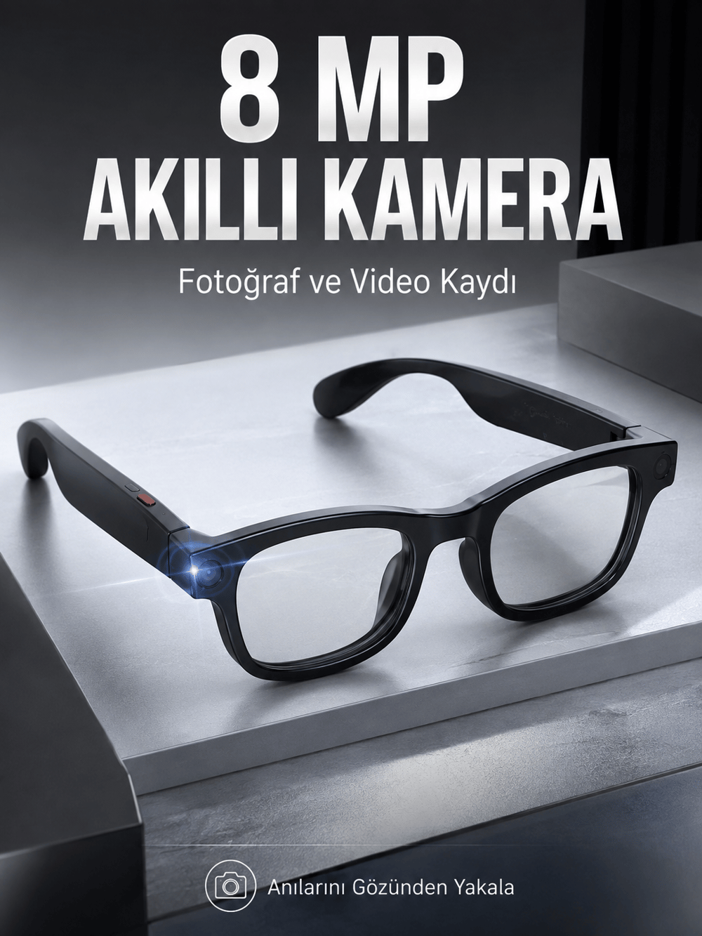 Siyah Bluetooth Akıllı Kamera Gözlüğü 8 MP Kameralı AI Çeviri Wi-Fi Fotoğraf Video Müzik Arama ve Dokunmatik Kontrollü