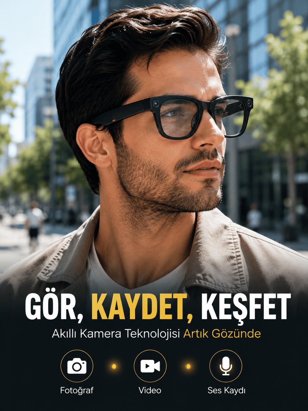 Siyah Bluetooth Akıllı Kamera Gözlüğü Fotoğraf Video Ses Kayıtlı AI Sesli Asistanlı Manyetik Şarjlı 3 Lensli