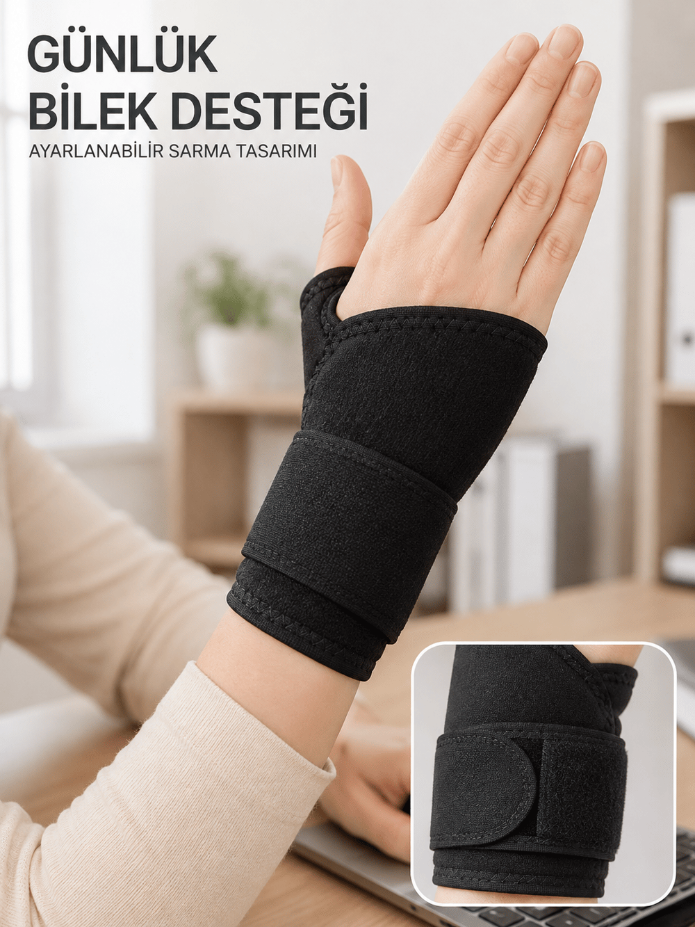 Siyah El Bilek Desteği Cırtlı Ayarlanabilir Başparmak Geçişli Bileklik Spor Bandajı
