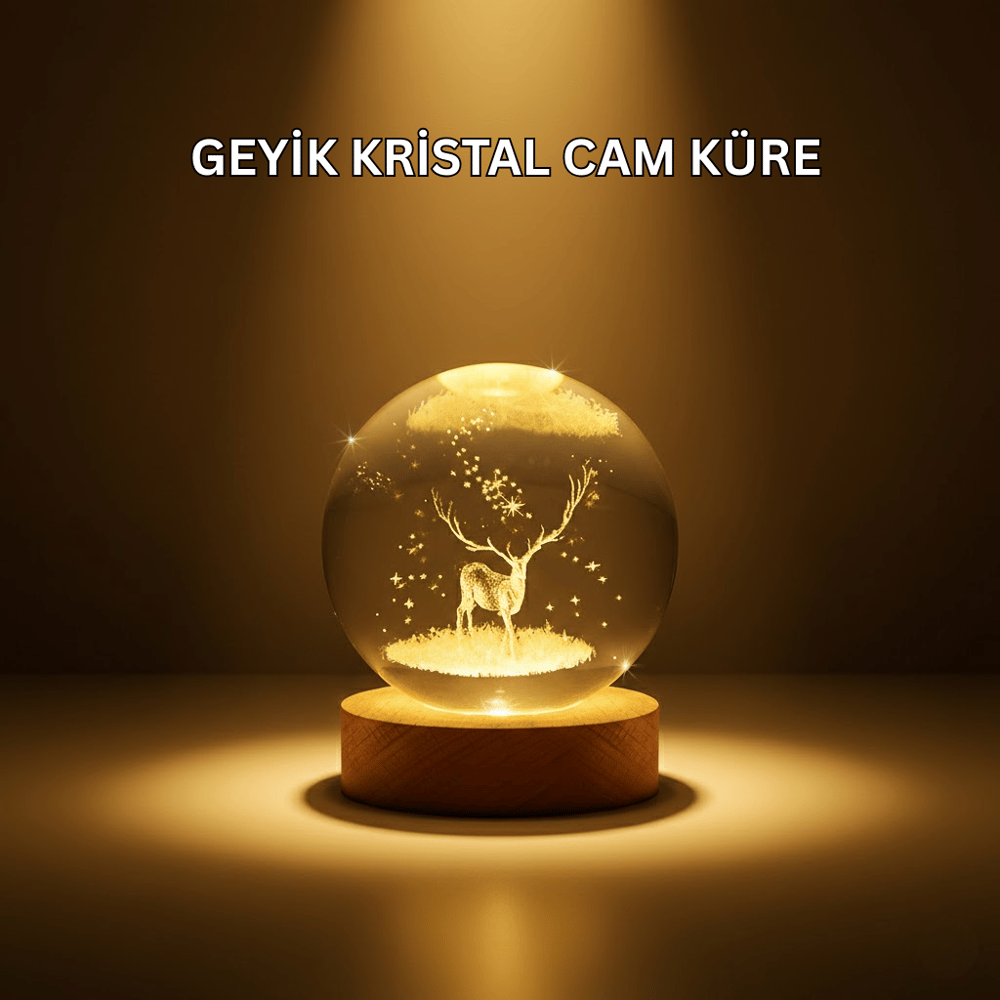 USB Bağlantılı Geyik Temalı Kristal Küre Premium Masa Gece Lambası