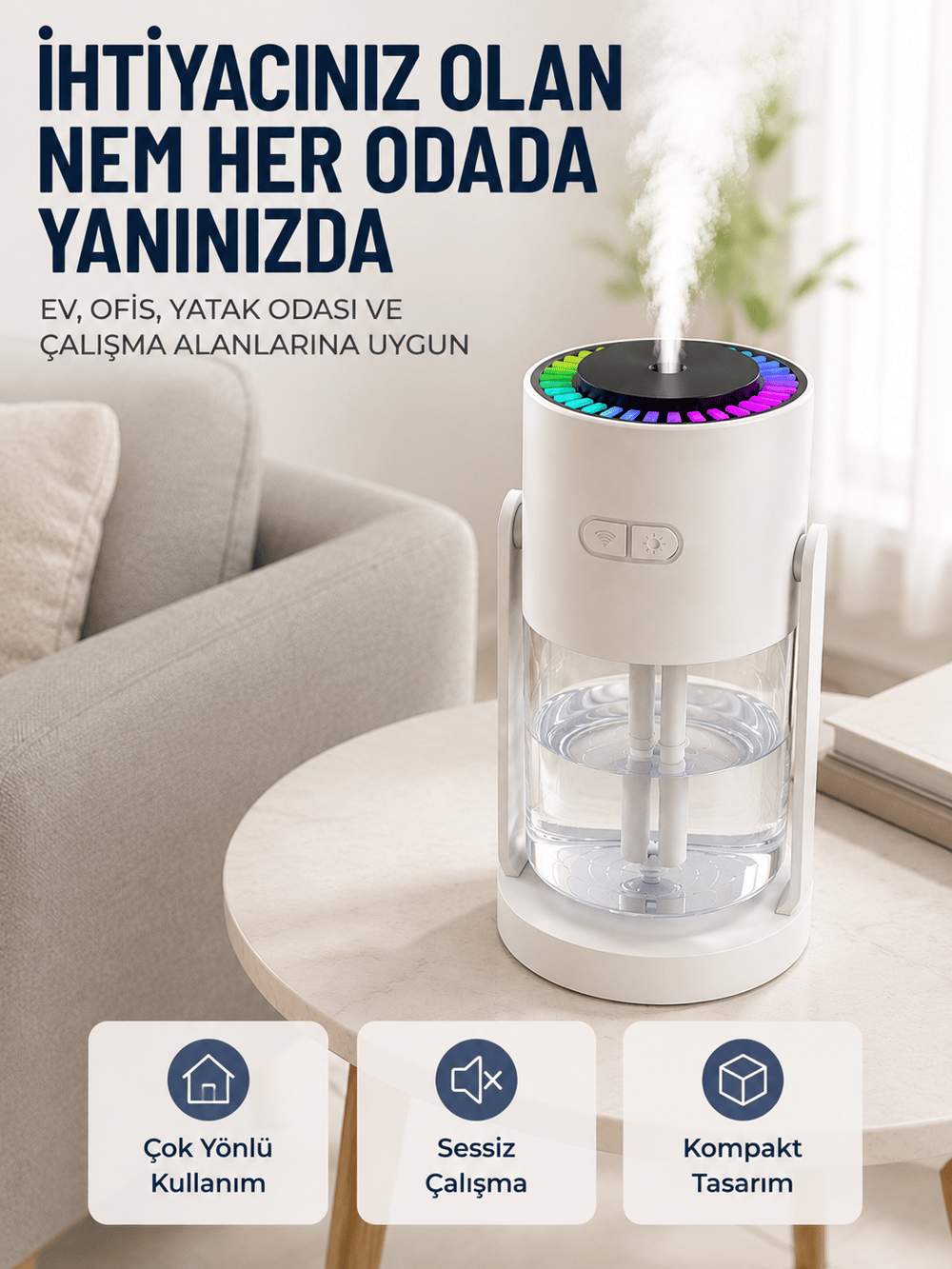 Ultrasonik Hava Nemlendirici Renkli LED Işıklı Sessiz Oda Nemlendirme Cihazı