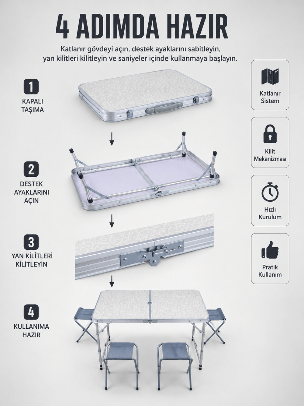 Valiz Tipi Katlanabilir Piknik Masası 4 Tabureli Taşınabilir Kamp Masası