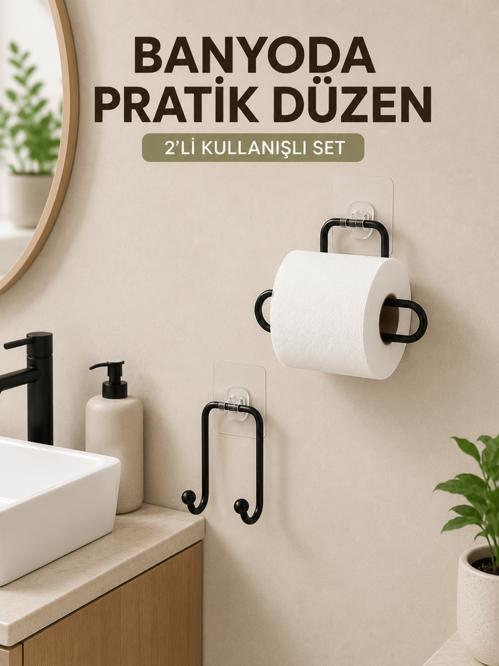 Vidasız Banyo Seti Yapışkanlı Tuvalet Kağıdı Tutucu ve Havlu Askısı 2’li Set