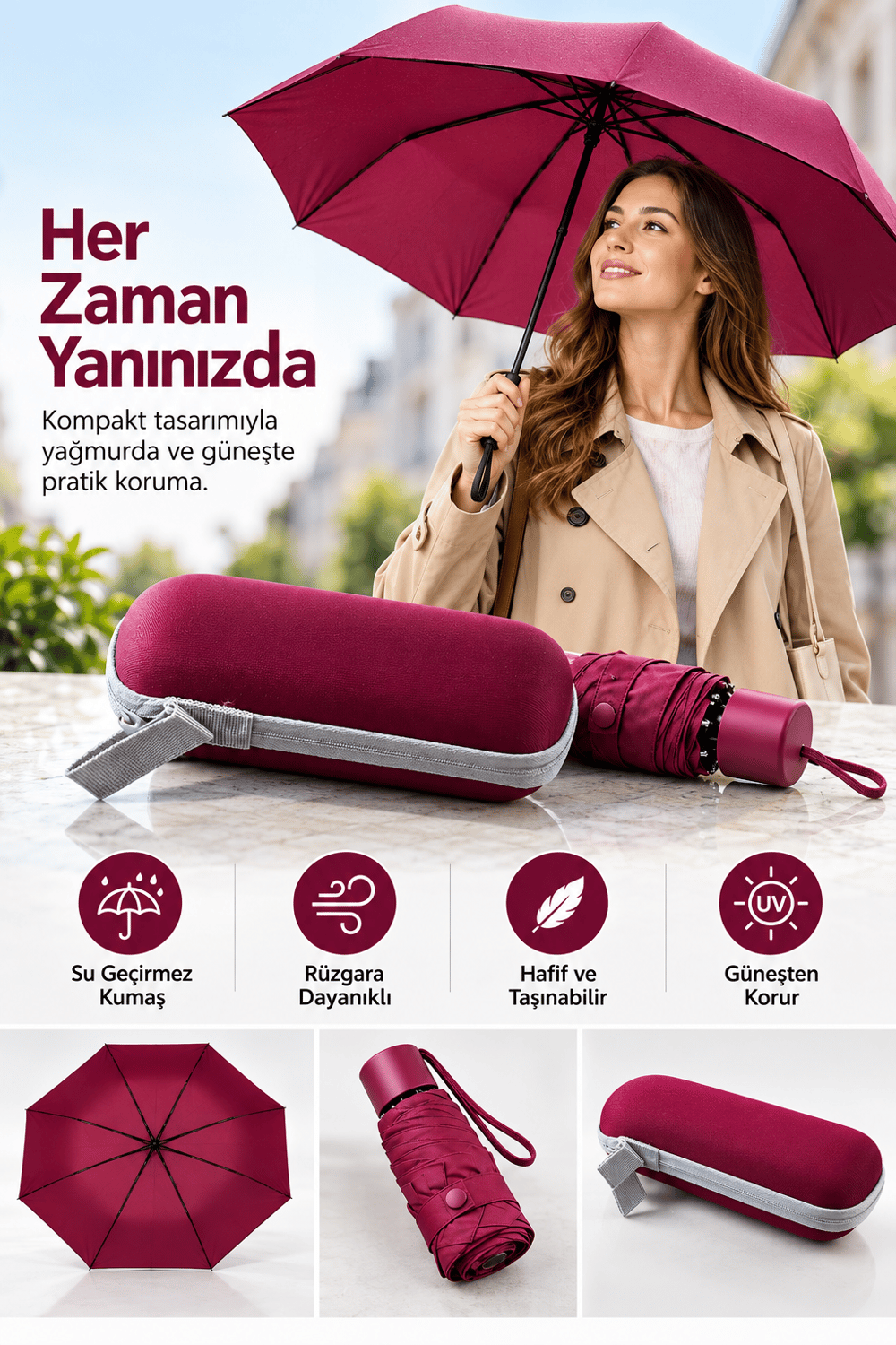 Yağmur ve Güneşe Karşı Pratik Koruma Sağlayan Hafif Bordo Kapsül Şemsiye Taşınabilir Tasarım