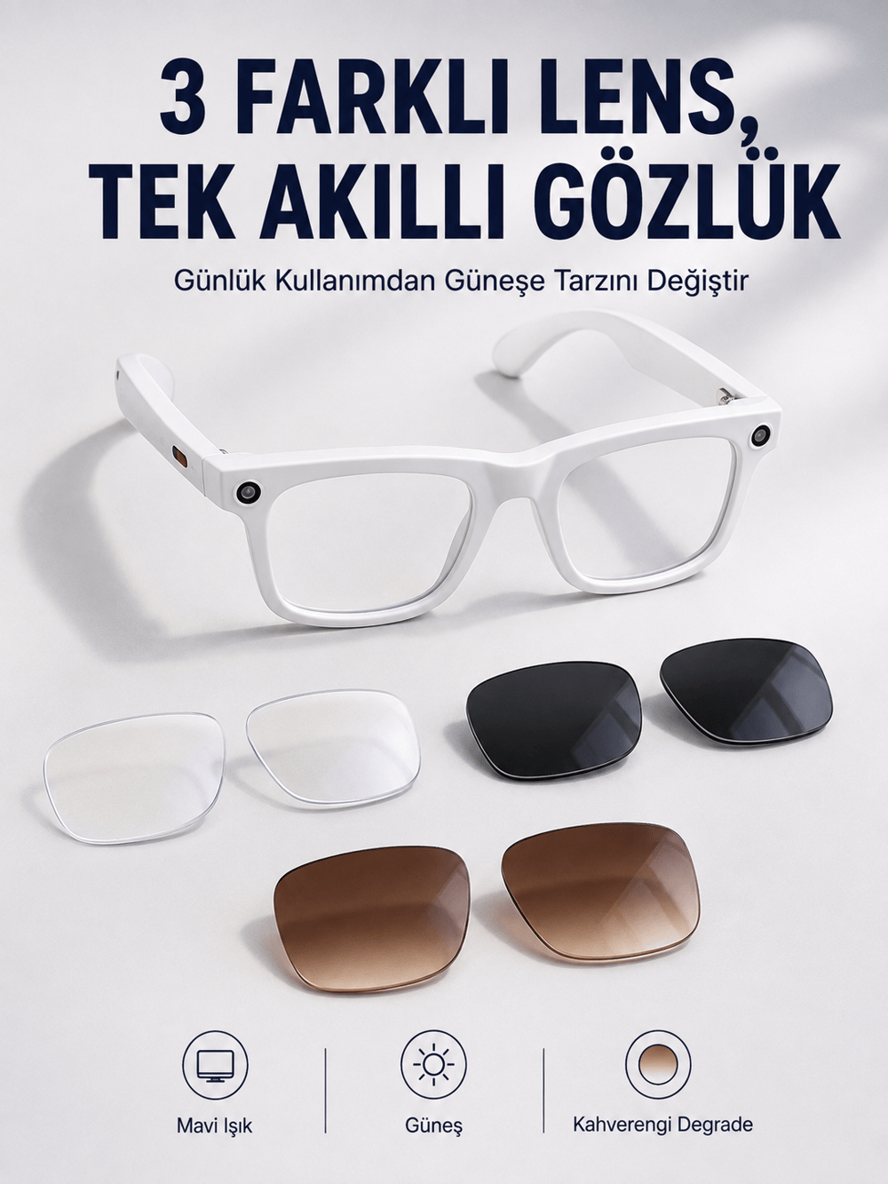 Yapay Zeka Destekli Akıllı Gözlük Dahili Kameralı Bluetooth Müzik ve Arama Özellikli Ses Kontrollü Değiştirilebilir Lensli