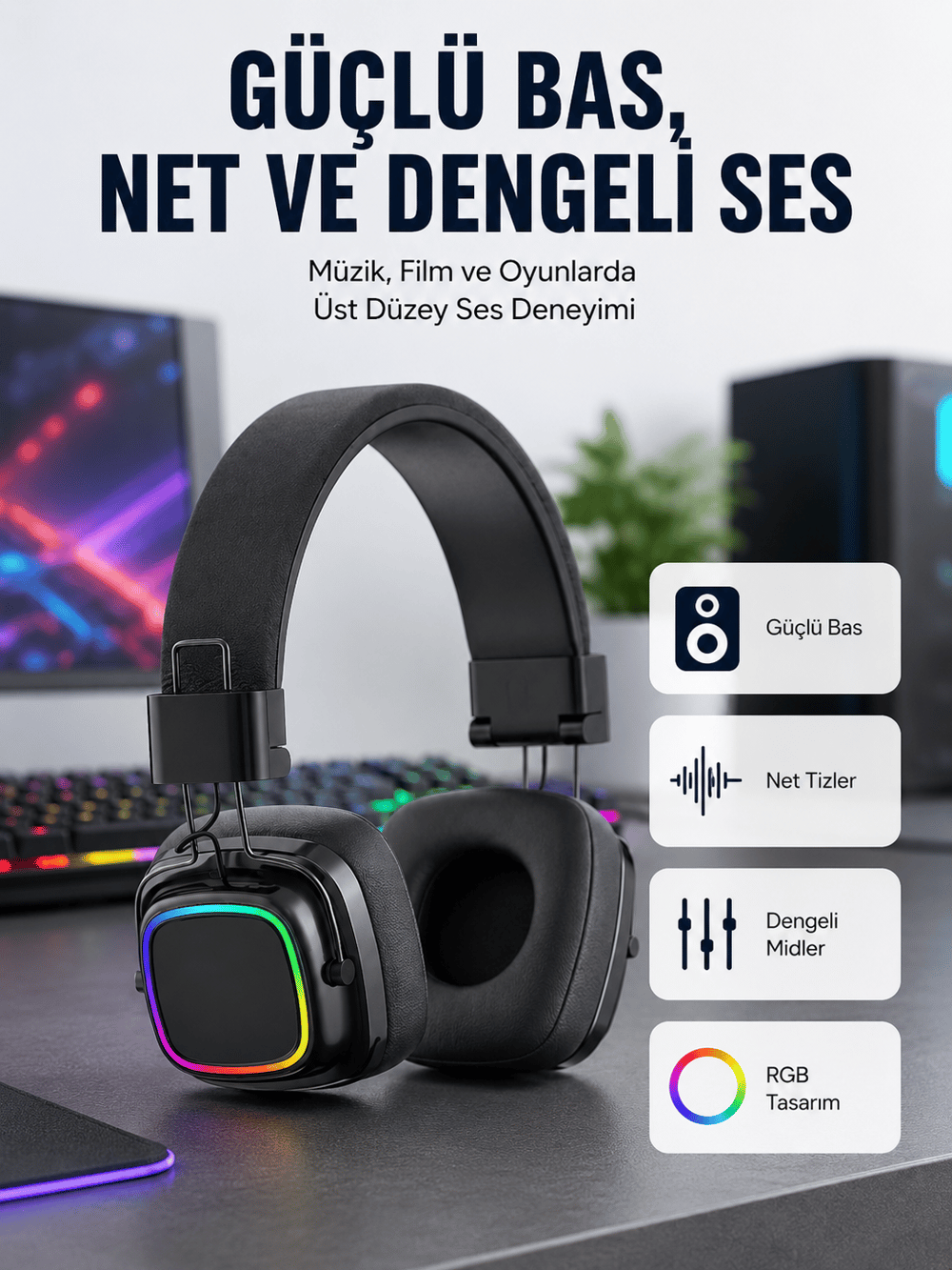 Yüksek Ses Kaliteli Kablosuz Kulak Üstü Kulaklık – BT 5.3