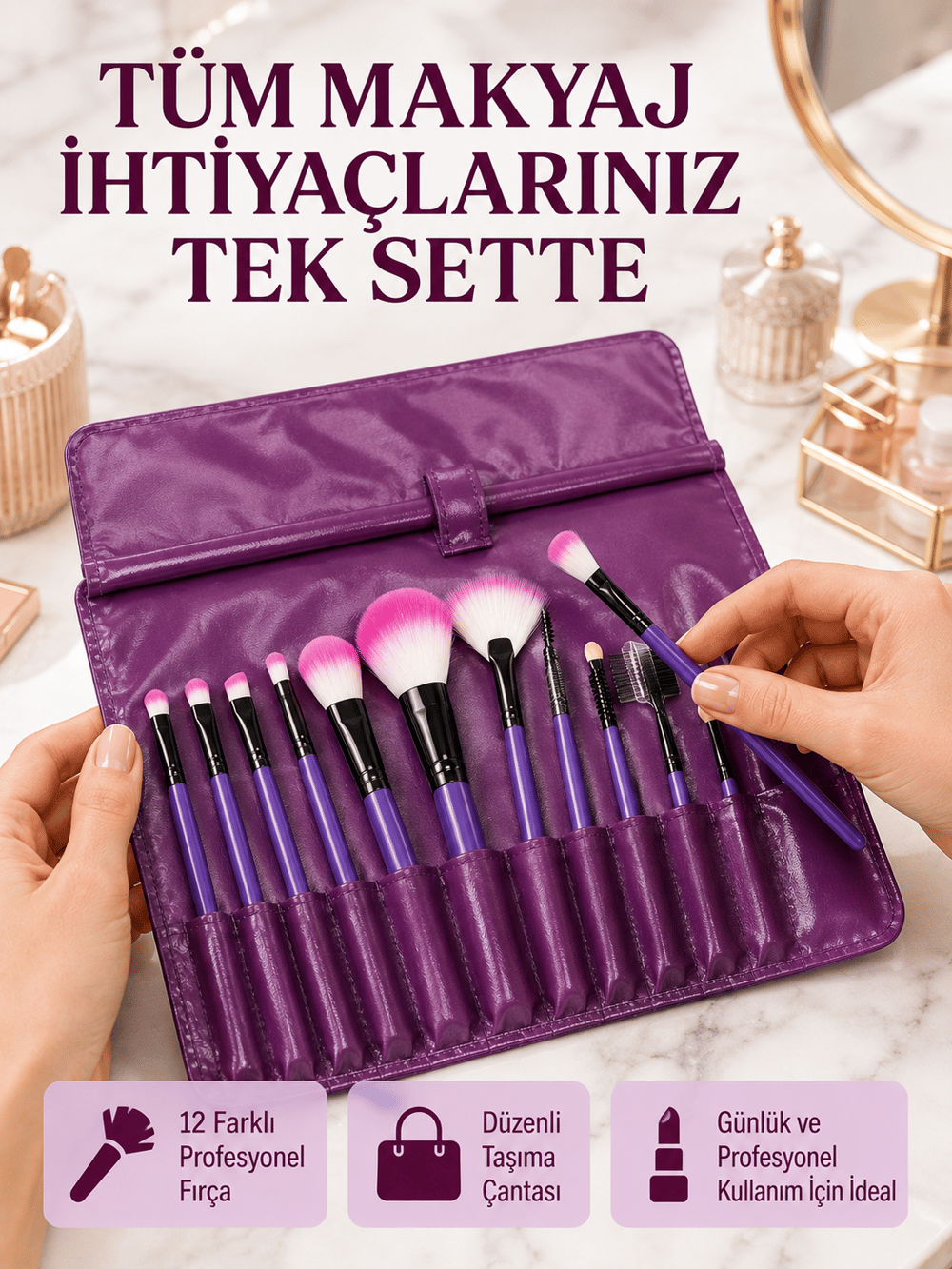 Yumuşak Fiber Kıllardan Oluşan 12'li Makyaj Fırçası Seti Göz Farı Allık ve Kontür İçin