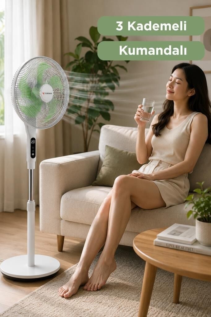 Vantilatör 6 Pervaneli 3 Kademeli Kumandalı Dijital Ekranlı Ayaklı 16 Inc 50W Fan Beyaz