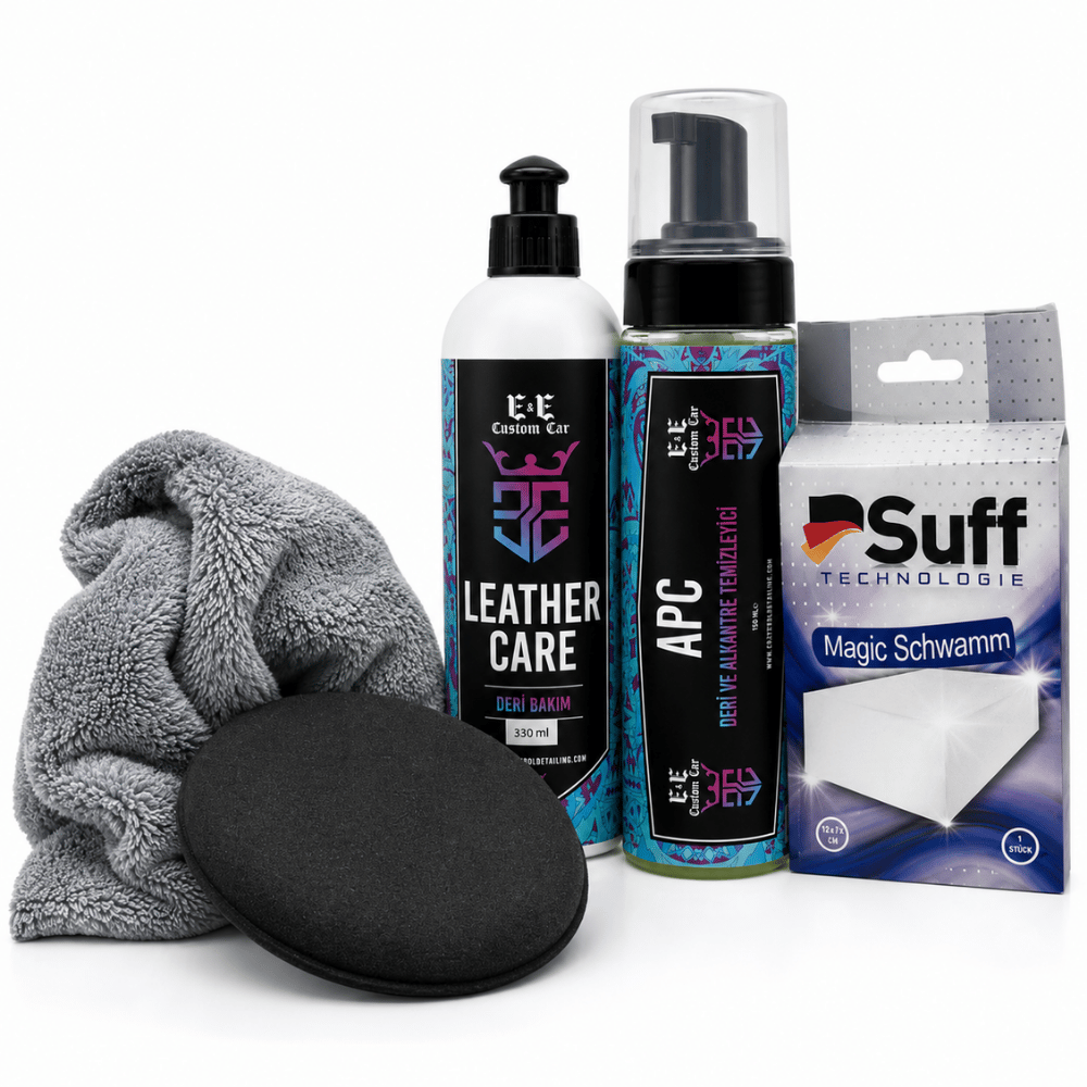 EE CUSTOM CAR DERİ TEMİZLEME VE BAKIM SETİ (APC VE LEATHER CARE, SUFF SİHİRLİ SÜNGER, MİKROFİBER BEZ, PED)