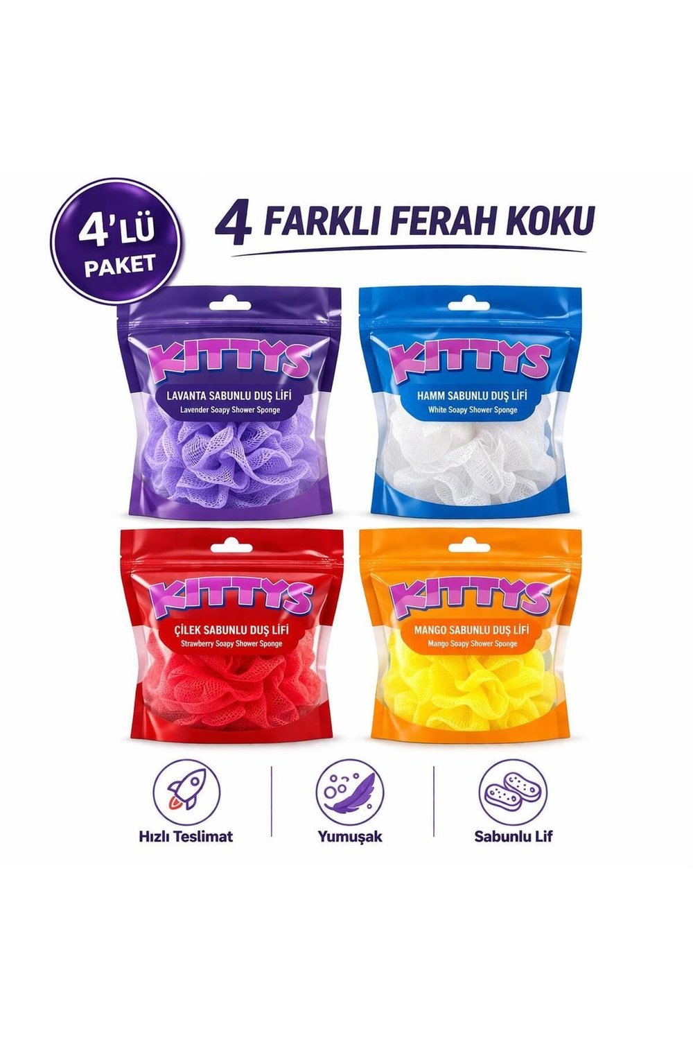 KITTYS 4LÜ SABUNLU DUŞ LİFİ SETİ (Mango, Çilek, Beyaz, Lavanta Sabun Kokulu Duş Lifi