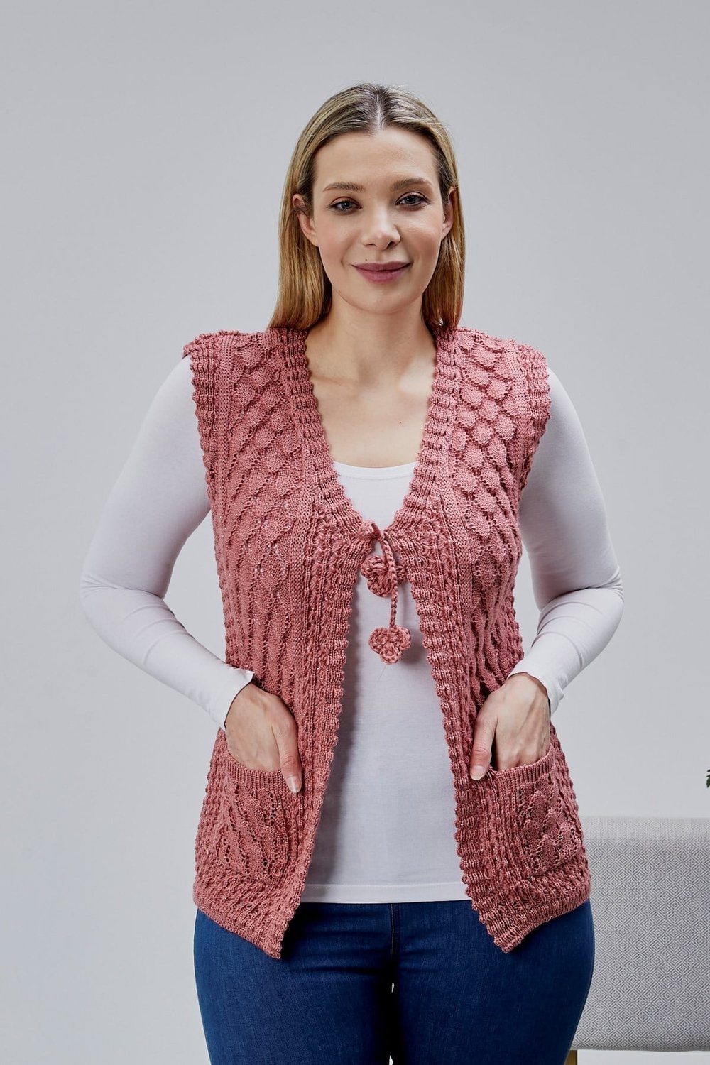 Kadın Angora Simli Yün Örgü Cepli Anne Triko Yelek