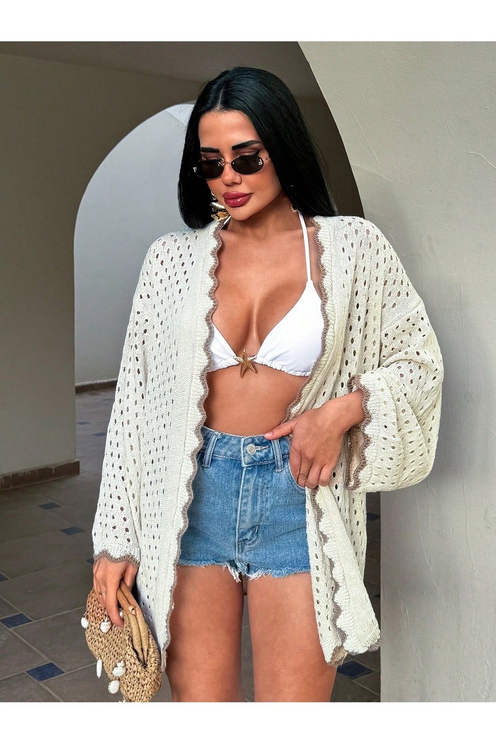 Kadın Yaz Tatil Plaj Örgü Retro Ön Bantlı Bikini Üstü Kimono Ceket