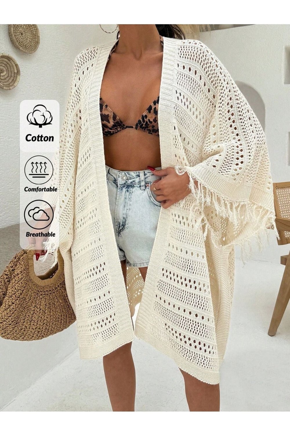 Kadınlar için plaj yaz tatil kimono, önü açık kısmında püskül detaylı örgü hırka
