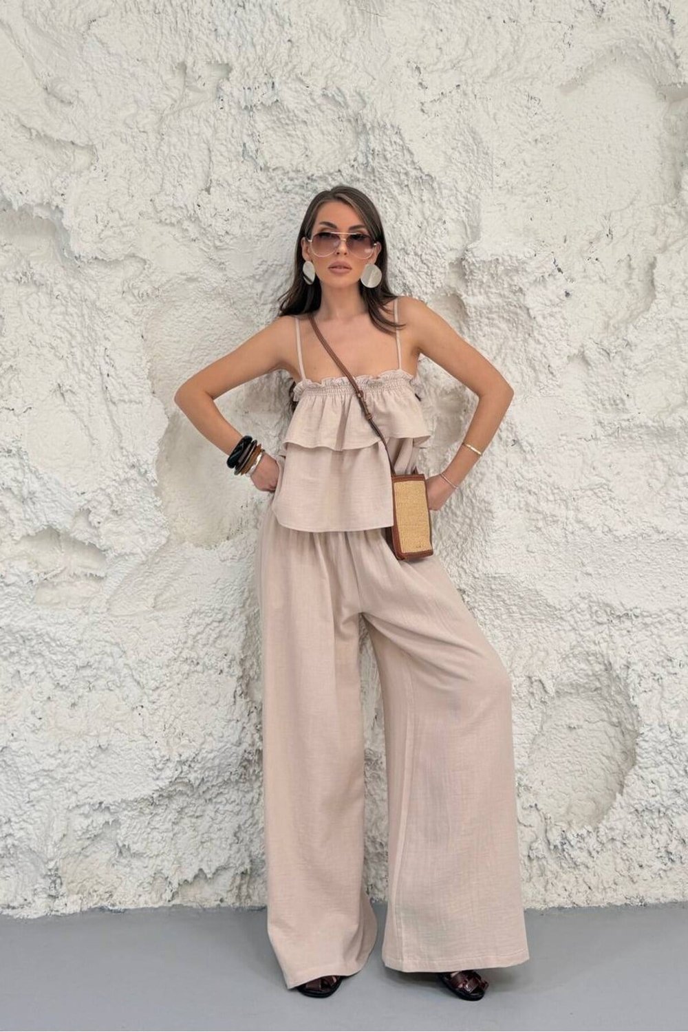 KADIN PAMUK MÜSLİN KUMAŞ ASKILI ÜST VE PALAZZO PANTOLON TASARIM İKİLİ TAKIM
