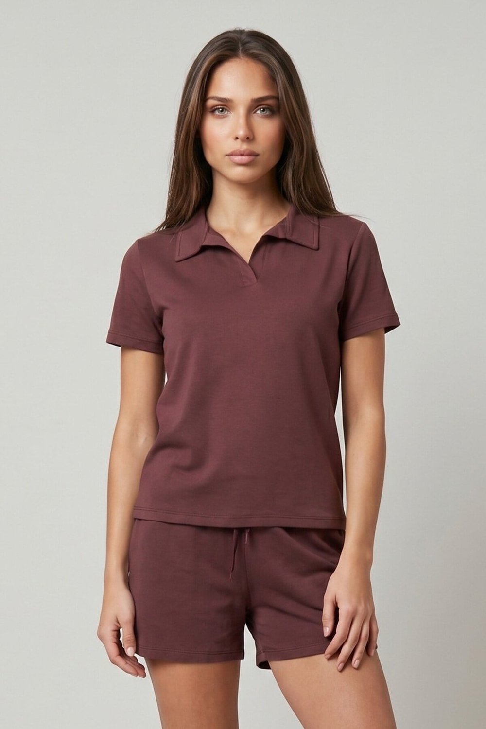KADIN SOFT ÖRME KUMAŞ POLO YAKA BLUZ VE BELİ LASTİKLİ ŞORT İKİLİ TAKIM