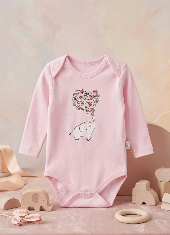Bebek Fil ve Çiçek Baskılı Uzun Kollu Çıtçıtlı Body Zıbın