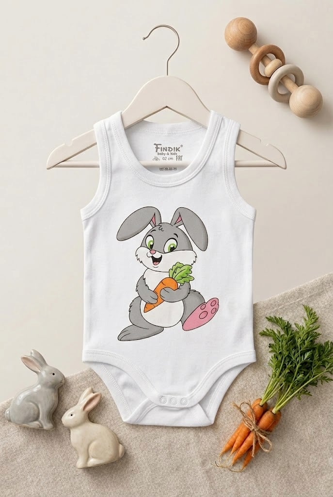 Bebek Tavşan Baskılı Kolsuz Çıtçıtlı Badi