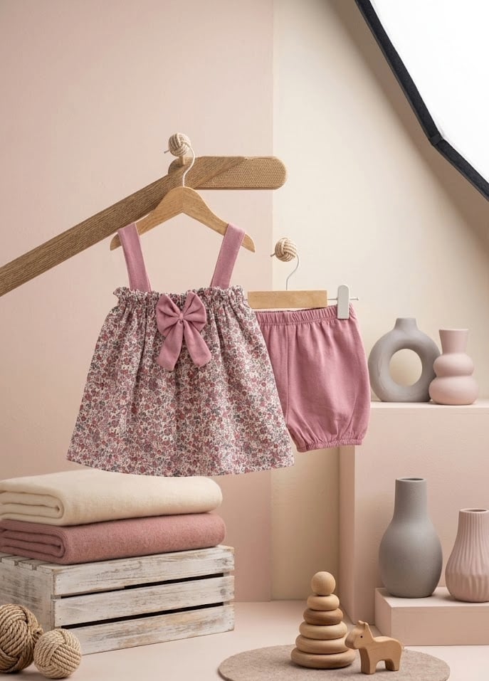 Kız Bebek Çiçek Desenli Askılı Elbise ve Şort Takım